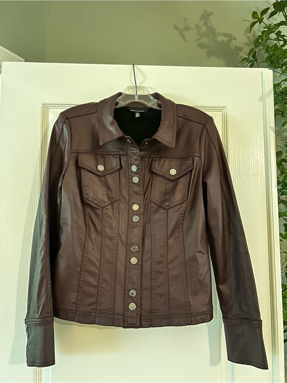 White House Black Market Brown/Burgundy Faux Leather Button Jacket